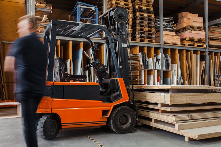 Forklift moving freight in a warehouse