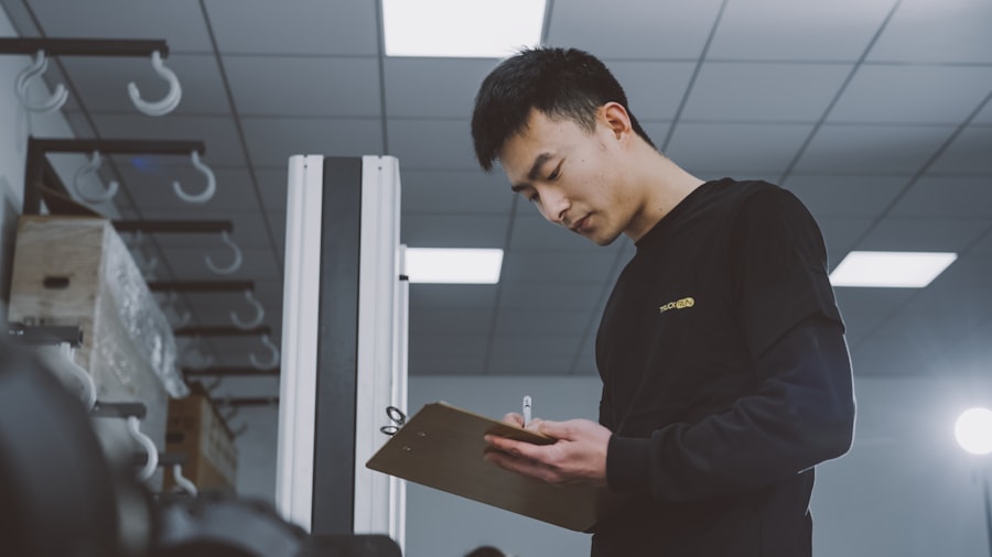 Sourcing agent reviewing a factory inspection clipboard